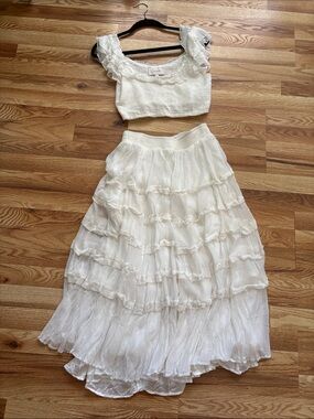 Cleobella White Smocked Crop Top +
Tiered Ruffle Maxi Skirt Set | Size M EUC